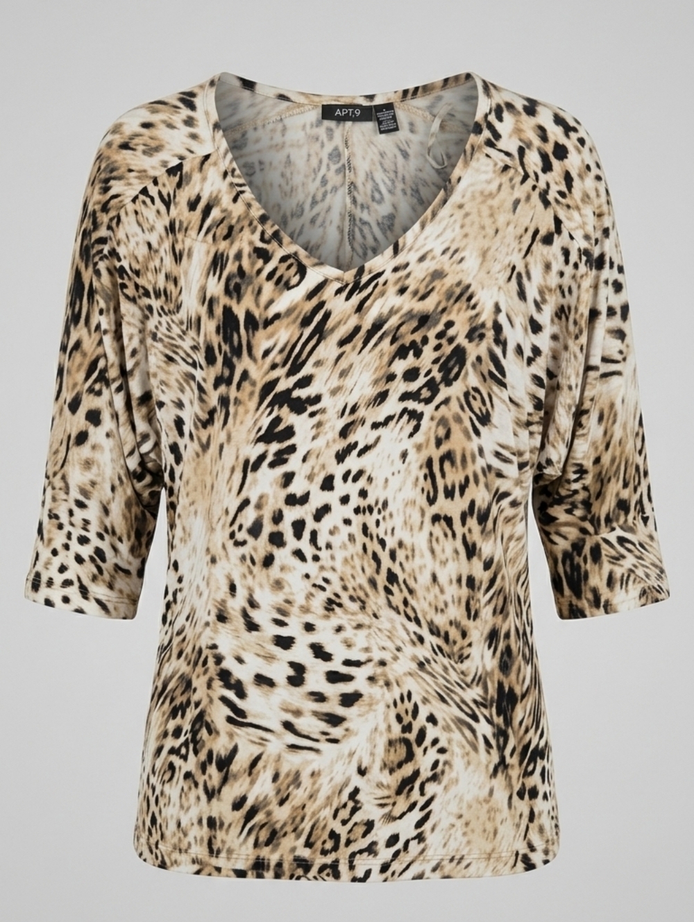 Apt. 9 Beige Black Women's Animal Print V-Neck Short Bat Sleeve Top Size 0X